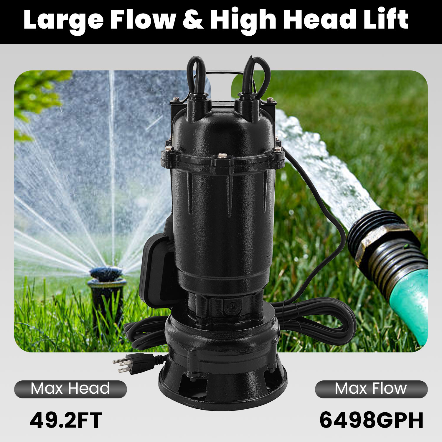 2HP 220V Submersible Sump Pump, 6498GPH Cast Iron Sewage/Effluent Pump 1500w with Automatic Float Switch and 66ft Hose for Sump Basin, Basement, Residential Sewage, 2'' NPT Discharge