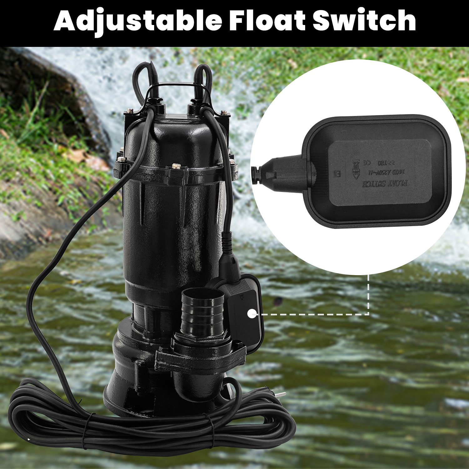 2HP 220V Submersible Sump Pump, 6498GPH Cast Iron Sewage/Effluent Pump 1500w with Automatic Float Switch and 66ft Hose for Sump Basin, Basement, Residential Sewage, 2'' NPT Discharge