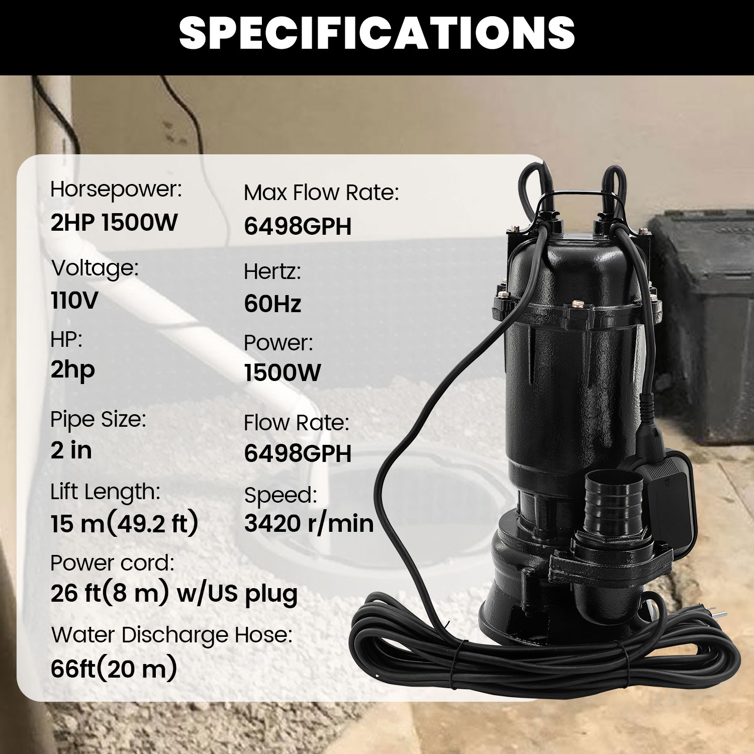 2HP 220V Submersible Sump Pump, 6498GPH Cast Iron Sewage/Effluent Pump 1500w with Automatic Float Switch and 66ft Hose for Sump Basin, Basement, Residential Sewage, 2'' NPT Discharge