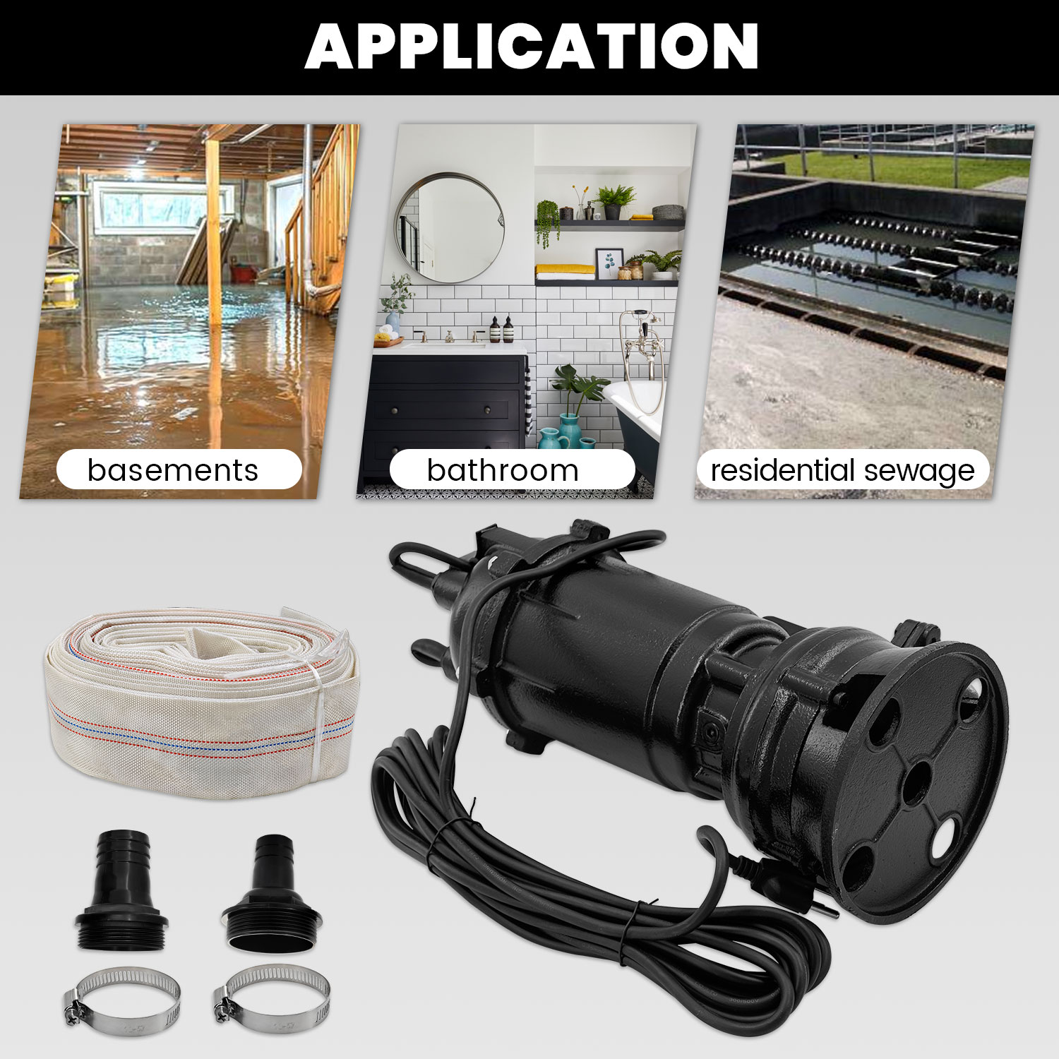 2HP 220V Submersible Sump Pump, 6498GPH Cast Iron Sewage/Effluent Pump 1500w with Automatic Float Switch and 66ft Hose for Sump Basin, Basement, Residential Sewage, 2'' NPT Discharge