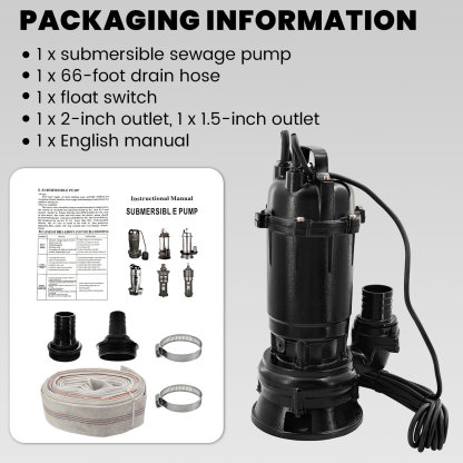 2HP 220V Submersible Sump Pump, 6498GPH Cast Iron Sewage/Effluent Pump 1500w with Automatic Float Switch and 66ft Hose for Sump Basin, Basement, Residential Sewage, 2'' NPT Discharge