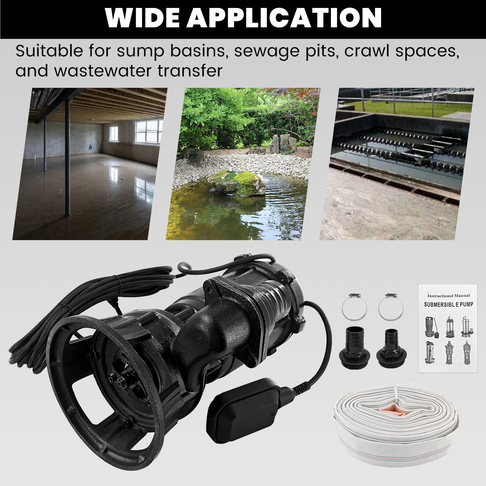 2HP 220V Sewage Grinder Pump, 6498 GPH Submersible Effluent Pump with Blades, Automatic Float Switch, 66 ft Hose & 2" NPT Outlet for Basement, Sump Pit & Residential Wastewater
