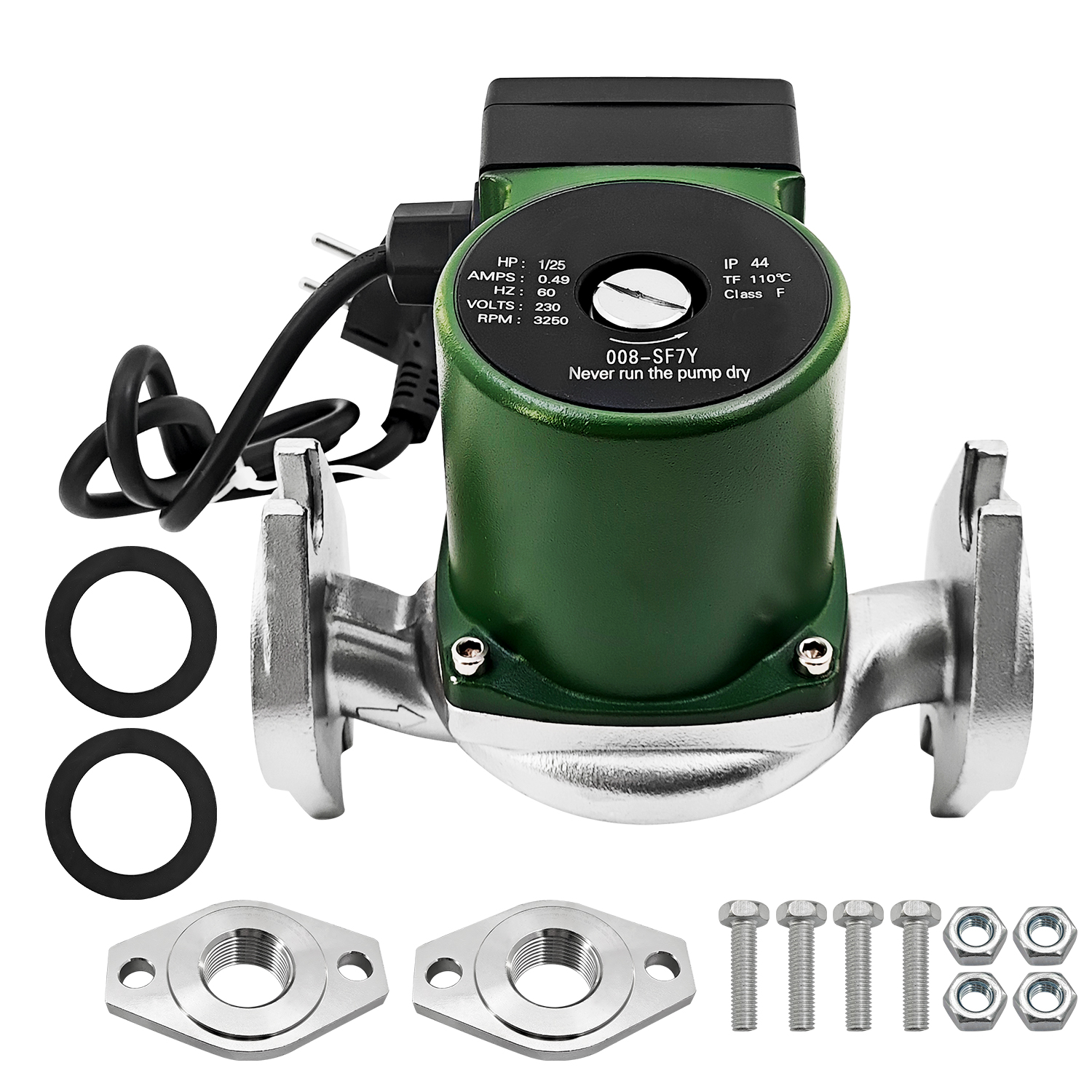 Stainless Steel Cartridge Flanged Circulator Pump 1/25HP 230V 3,250 RPM 14 GPM 0.49A 60HZ