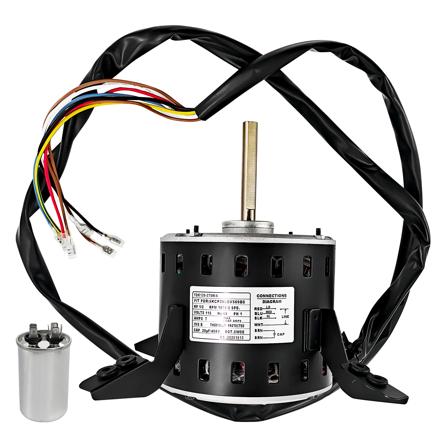 Furnace Blower Fan Motor with Capacitor for Carrier for Bryant for Payne for GE for Genteq Condenser Motor (1/2 HP 115V 1075 RPM 3-Speed 60Hz)
