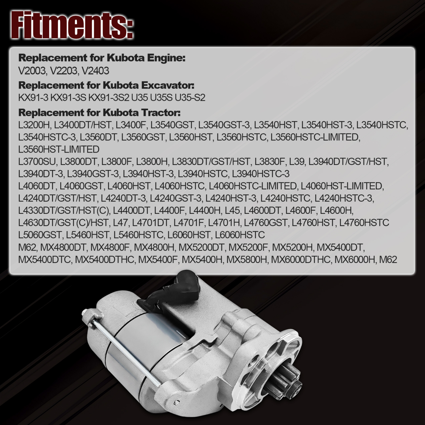 Starter Motor for Kubota Tractor L3540 L3830 L39 L3940 L4240 L4330 L4630 L4400 L45