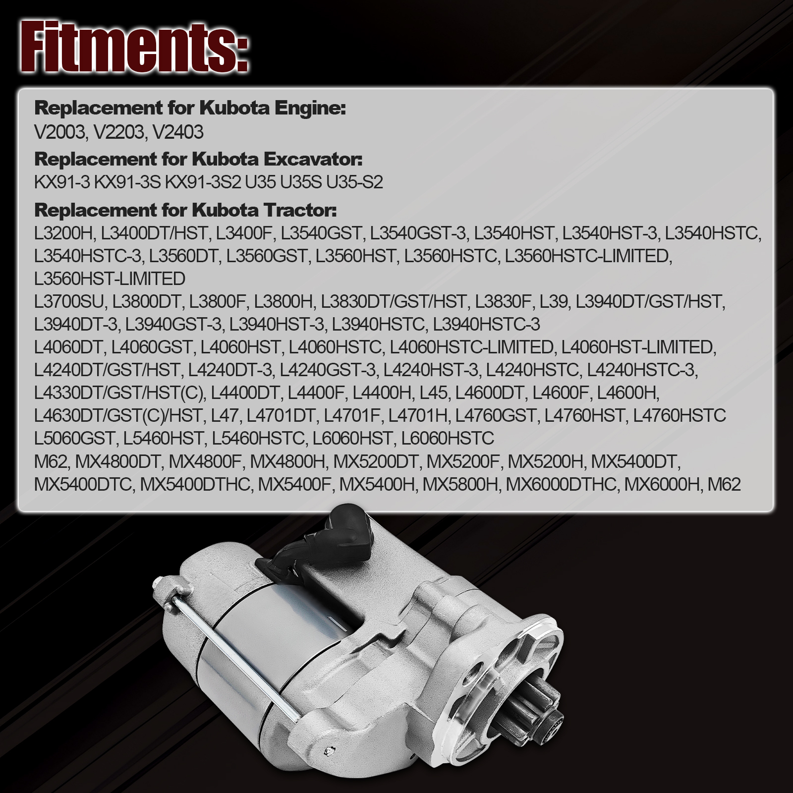 Starter Motor for Kubota Tractor L3540 L3830 L39 L3940 L4240 L4330 L4630 L4400 L45