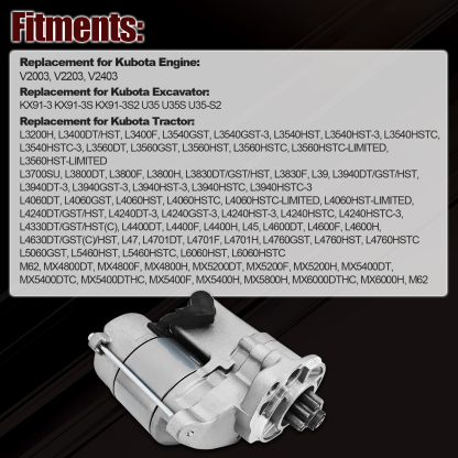 Starter Motor for Kubota Tractor L3540 L3830 L39 L3940 L4240 L4330 L4630 L4400 L45