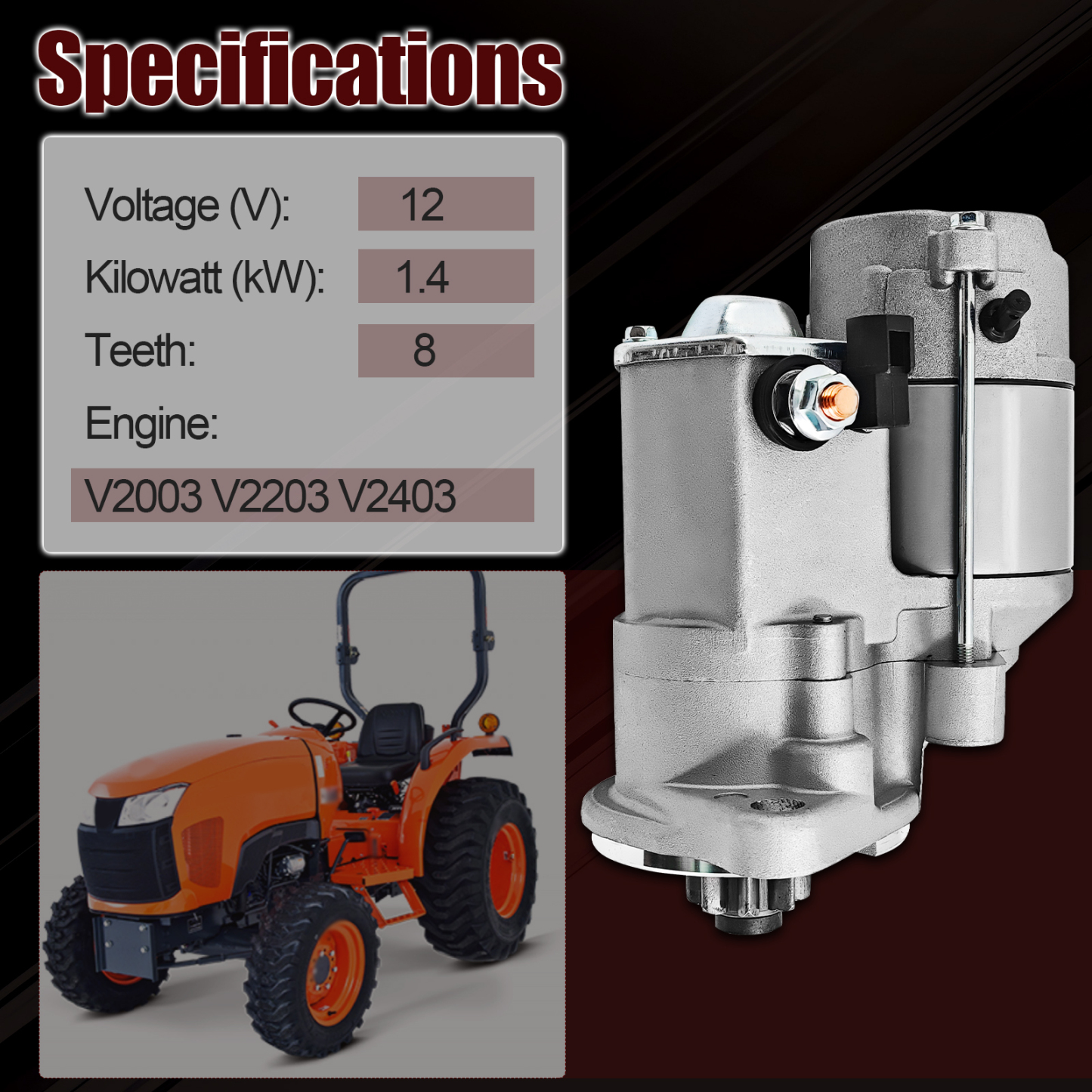 Starter Motor for Kubota Tractor L3540 L3830 L39 L3940 L4240 L4330 L4630 L4400 L45