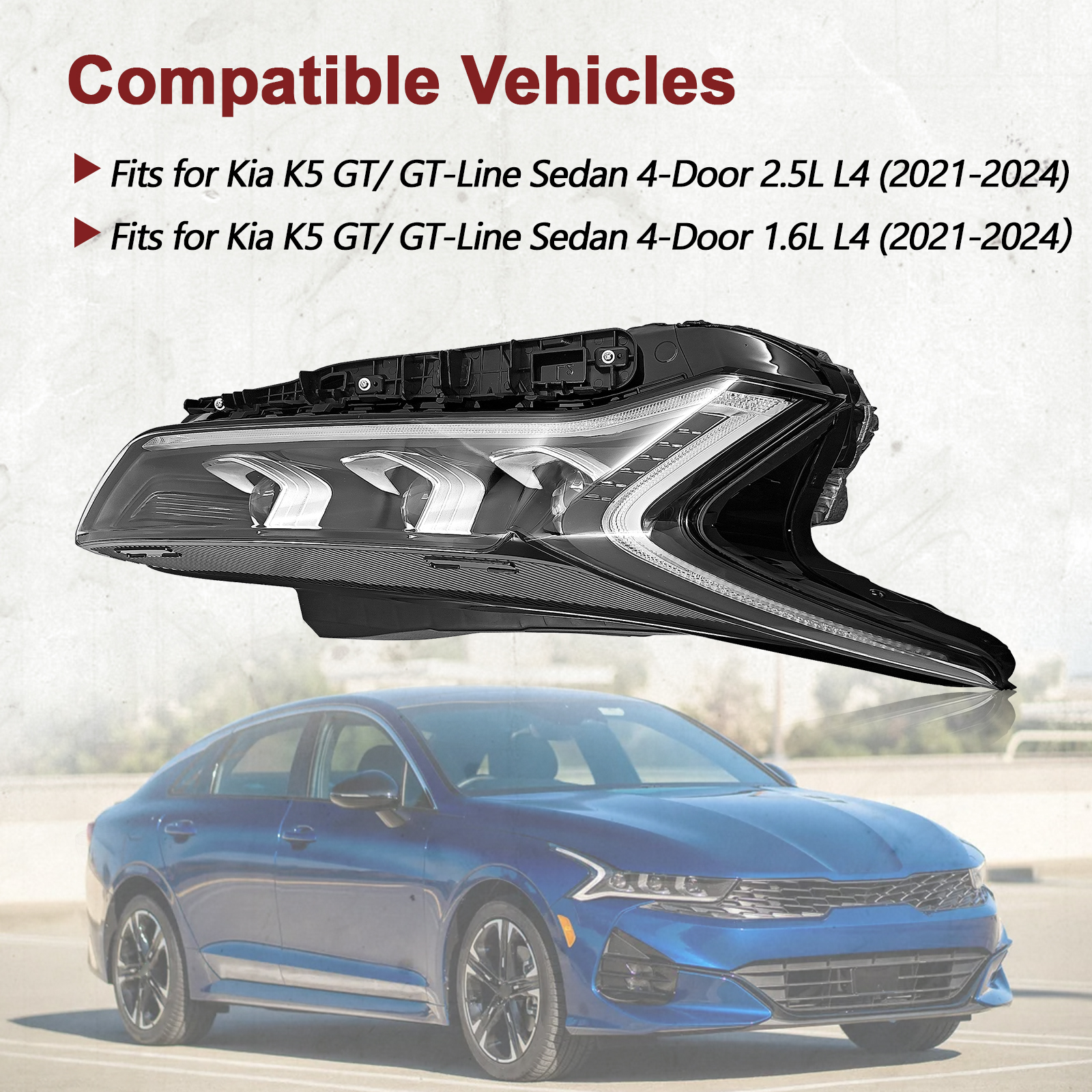 Right Passenger Side LED Headlight Headlamp Assembly for Kia K5 GT-Line GT 2021-2024 (NOT Fits for LX/LXS/EX)