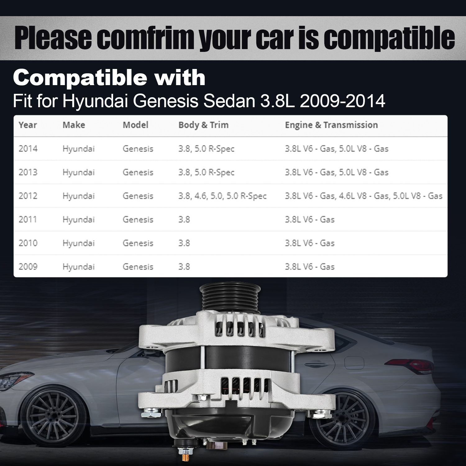 12V 160 Amp Alternator for Hyundai Genesis Sedan 3.8L 2009-2014