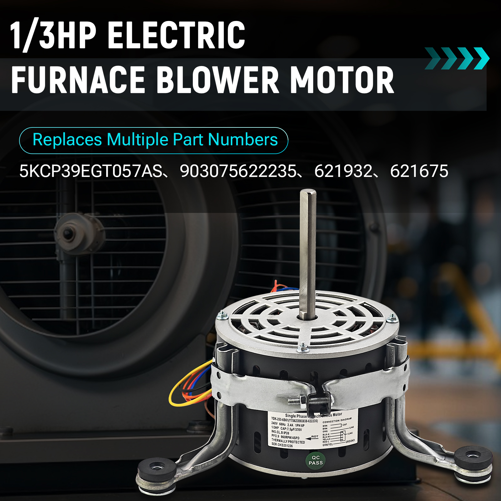 Electric Furnace Blower Motor Compatible with Nordyne Intertherm Miller Furnace Blower Motor (1/3HP 960RPM 4-Speed 2.9A 240V)