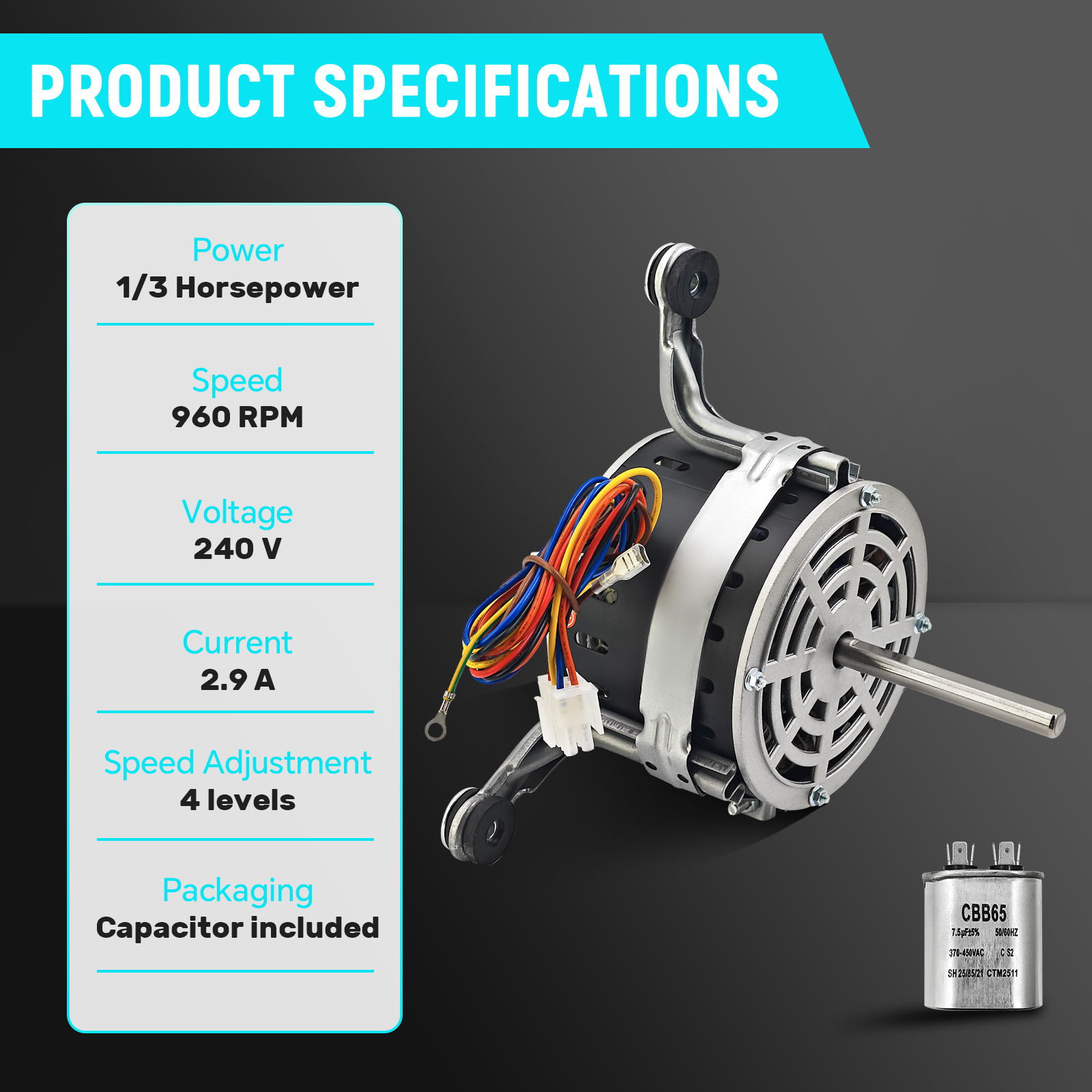 Electric Furnace Blower Motor Compatible with Nordyne Intertherm Miller Furnace Blower Motor (1/3HP 960RPM 4-Speed 2.9A 240V)