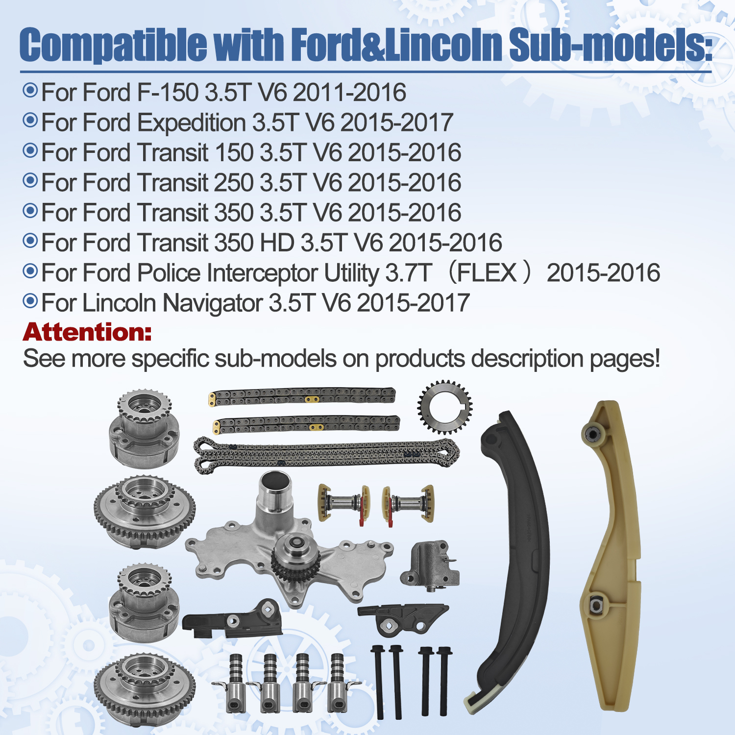 Timing Chain Kits Fit for Ford F-150 3.5 Ecoboost 2011-2013, Fit for Ford Transit-150/250/ 350/350 HD 3.5L 2015-2016, W/Water Pump VVT Solenoid