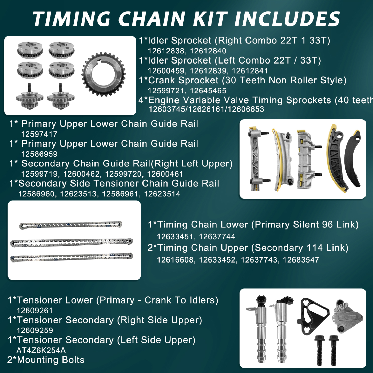 Full Set Engine Timing Chain Kit with VVT Sprocket, Camshaft Phaser and Solenoid Actuator Fit for Chevy Buick Cadillac GMC Pontiac Saturn Suzuki