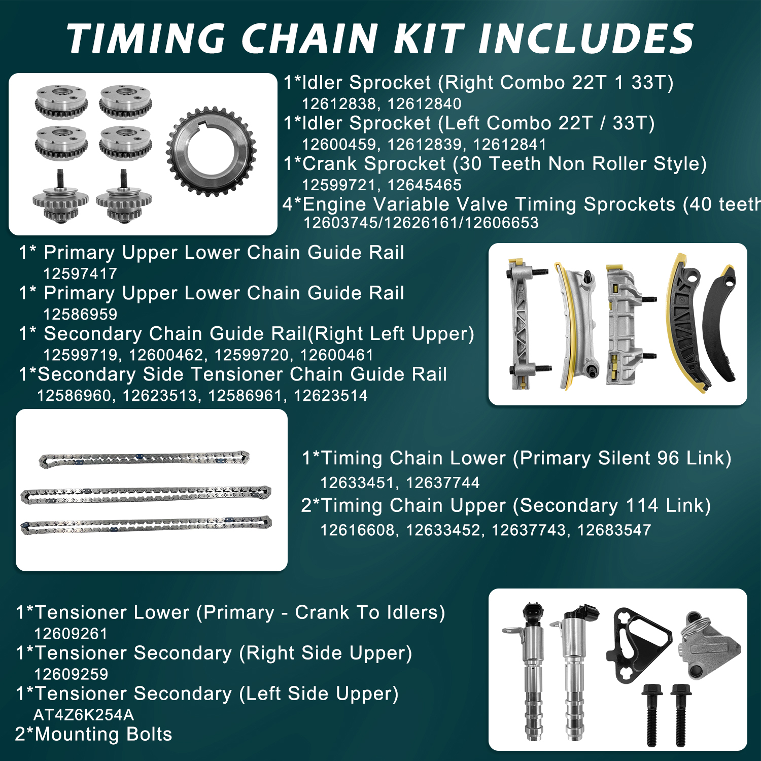 Full Set Engine Timing Chain Kit with VVT Sprocket, Camshaft Phaser and Solenoid Actuator Fit for Chevy Buick Cadillac GMC Pontiac Saturn Suzuki