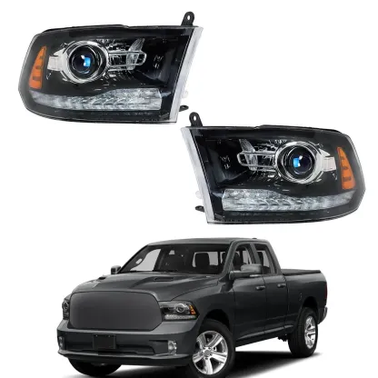 1Pair Headlight Assembly Fit for 2013-2018 Dodge Ram 1500 2500 3500 with LED DRL, Black Housing