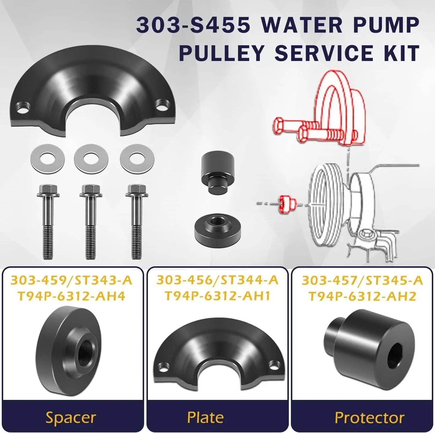 3.0L Water Pump Pulley Service Kit 303-S455 for 2001-2003 Ford Escape, Taurus 2001-2005