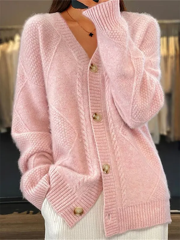 Suéter feminino solto casual de cashmere com botão frontal