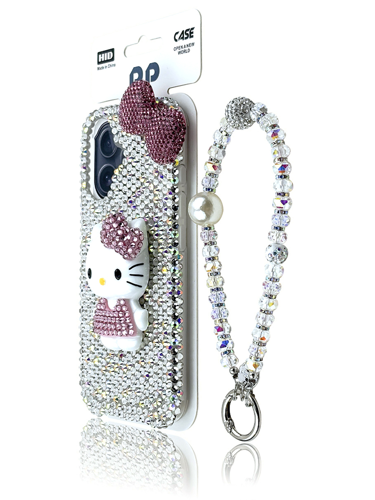 Kitty Inlaid with Diamonds Wrist Strap Case for iPhone