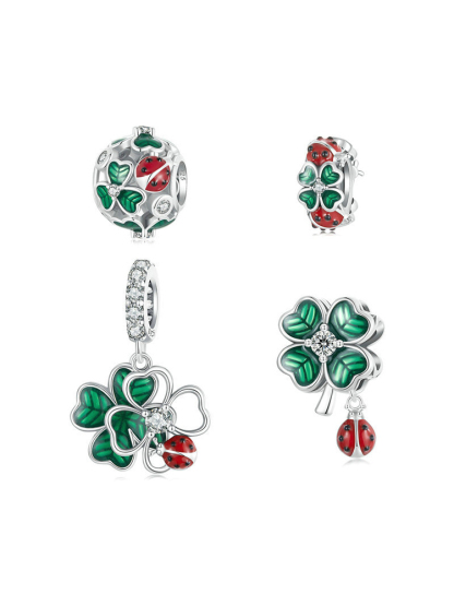 Four-leaf Clover and ladybug 925 Sterling Silver Beads