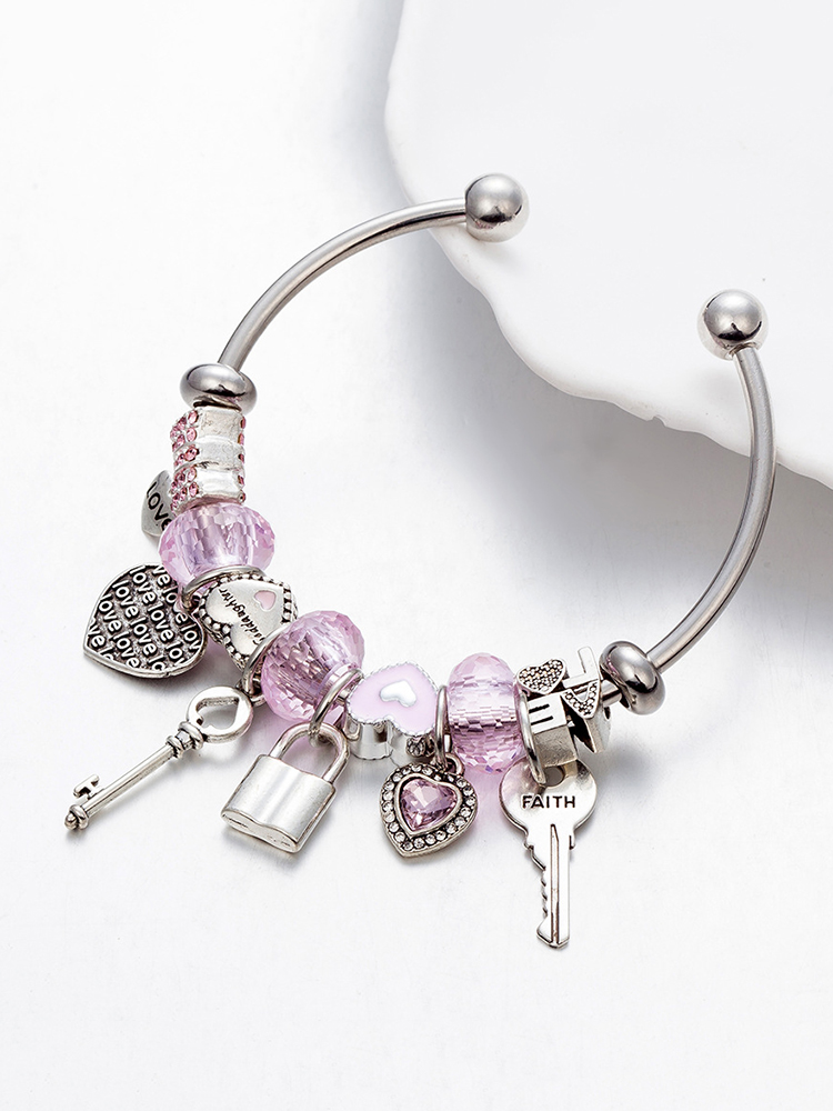 Pink Key and Lock Crystal Beaded Band