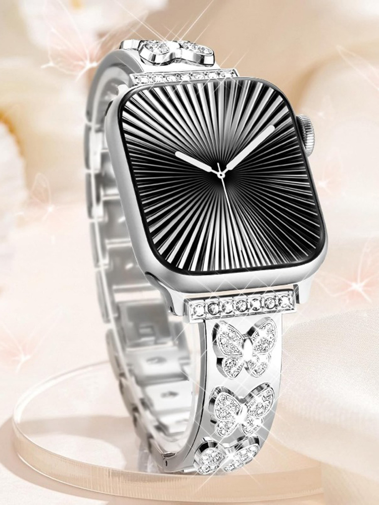 Diamond-studded Butterfly and Clover Stainless Steel Band