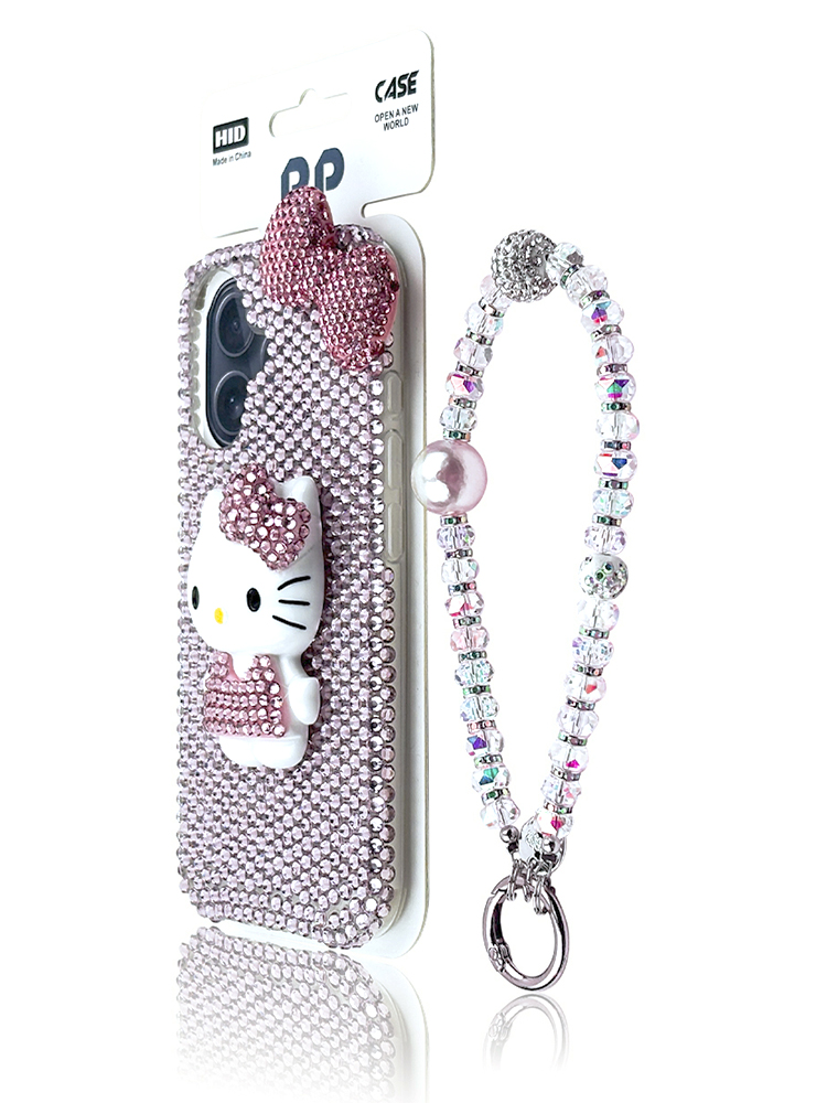Kitty Inlaid with Diamonds Wrist Strap Case for iPhone