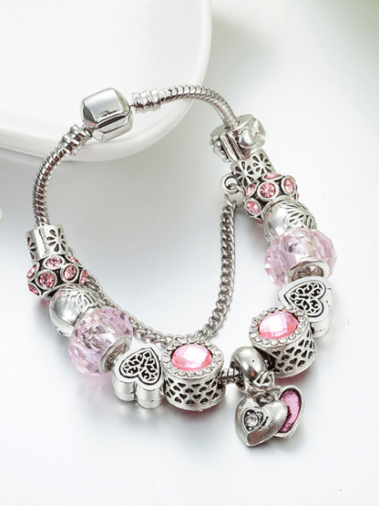 Pink Two-petal Heart Crystal Beaded Band