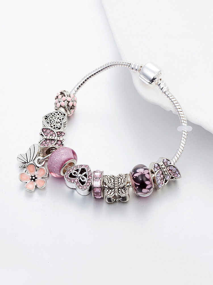 Pink Butterfly Pendant Crystal Beaded Band