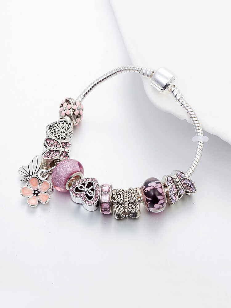 Pink Butterfly Pendant Crystal Beaded Band