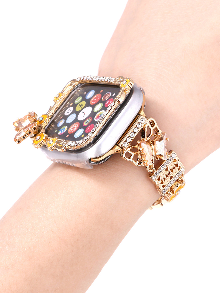 Diamond-encrusted Butterfly with Cherry Blossom Stainless Steel Band