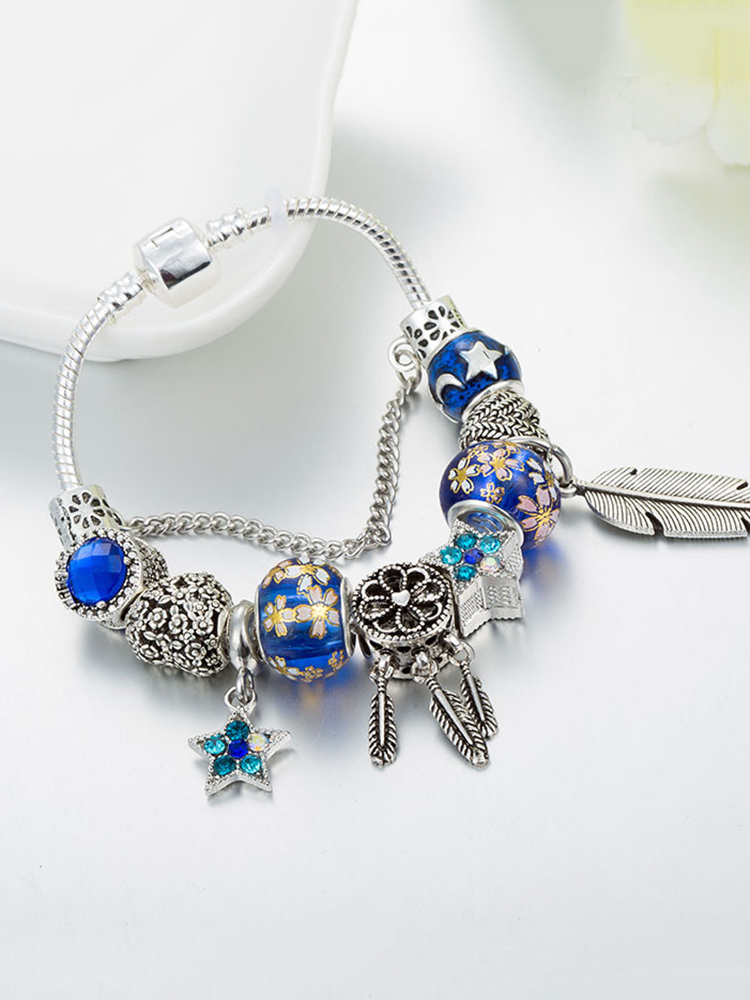 Blue Beads Feather Crystal Beaded Band