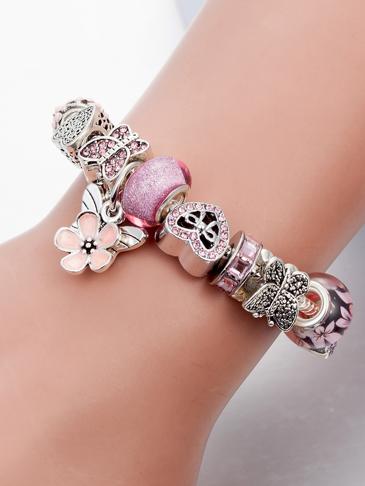 Pink Butterfly Pendant Crystal Beaded Band