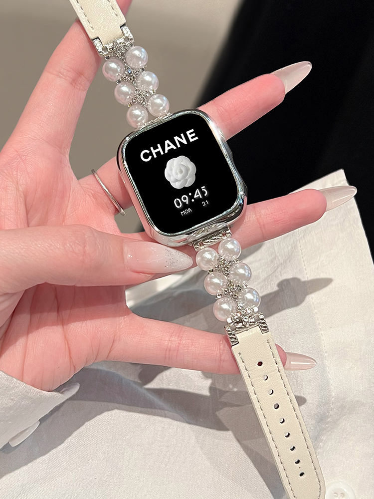 Double Row of Pearls Leather Band for Apple Watch