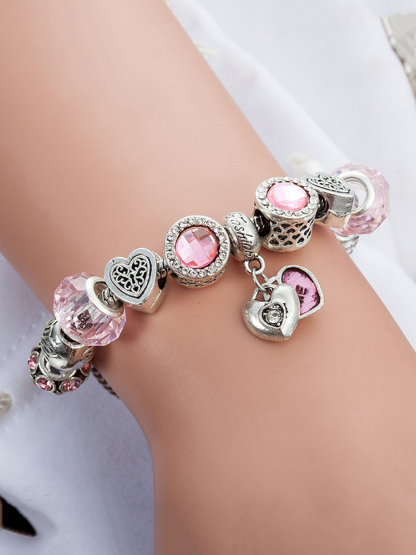 Pink Two-petal Heart Crystal Beaded Band