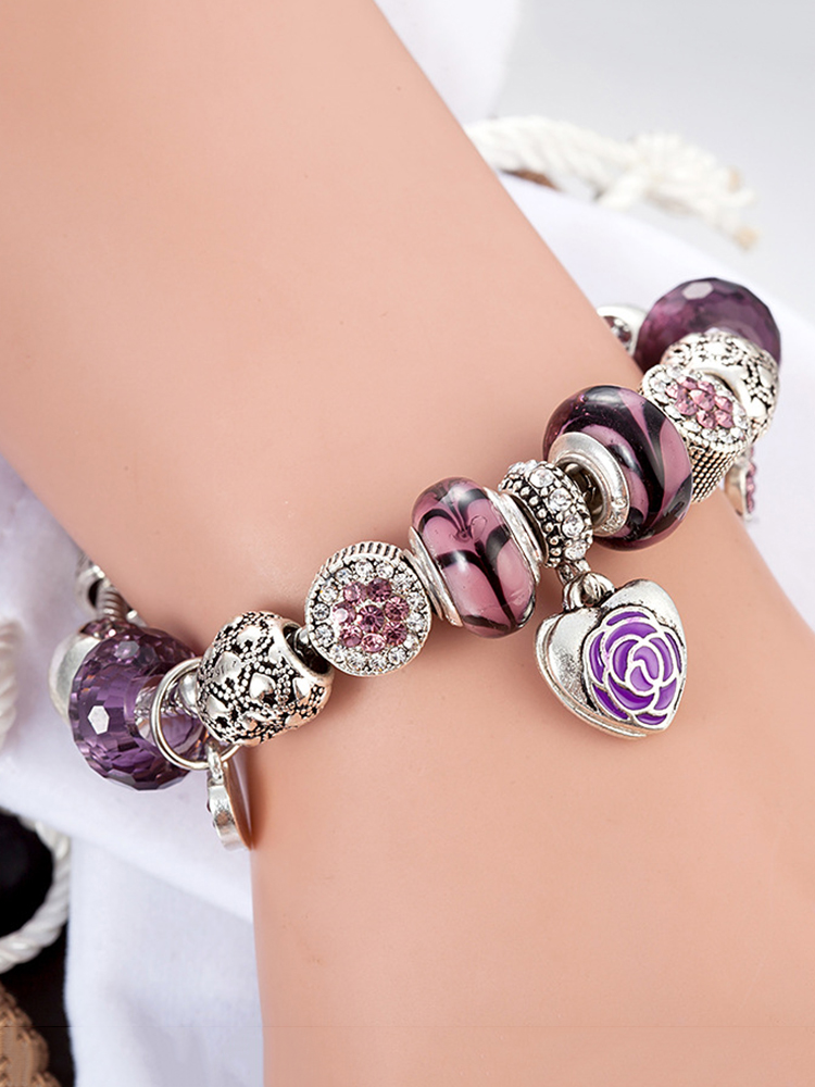 Purple Love Flower Crystal Beaded Band