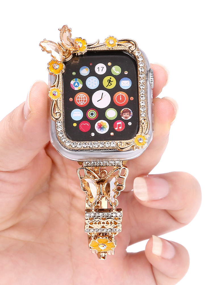 Diamond-encrusted Butterfly with Cherry Blossom Stainless Steel Band