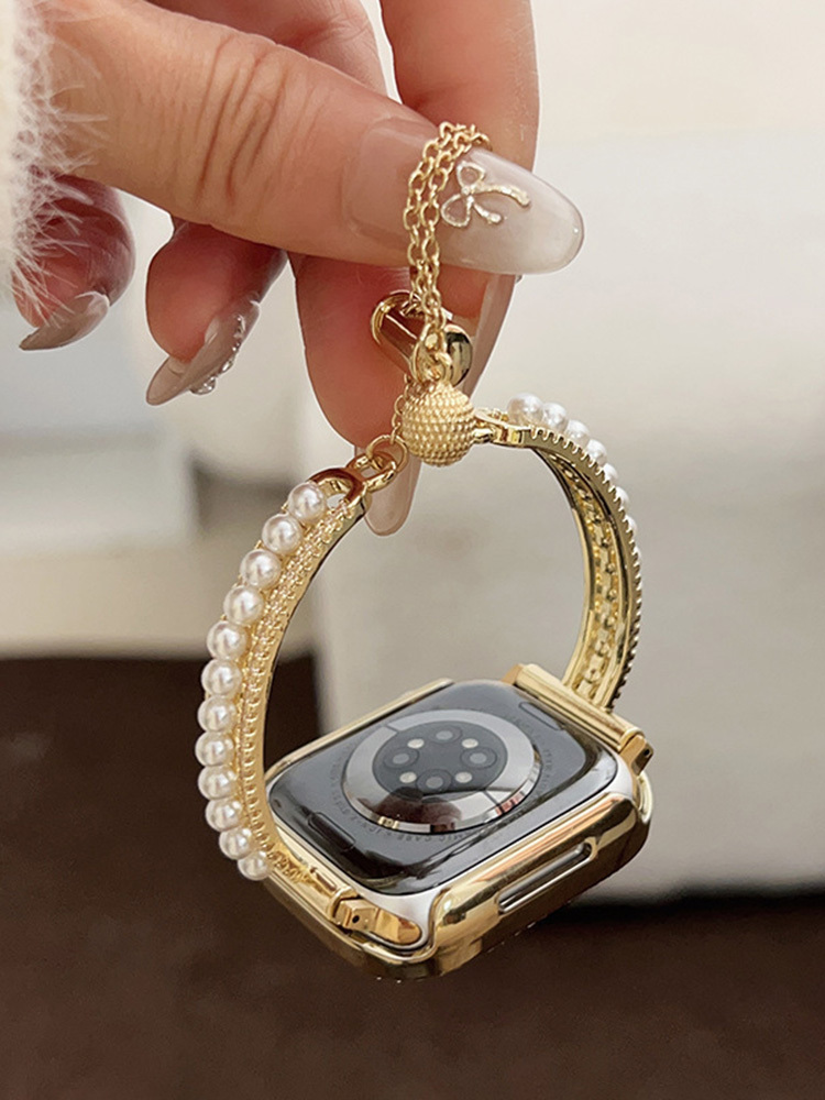 Double Row Diamonds with Pearls Stainless Steel Band