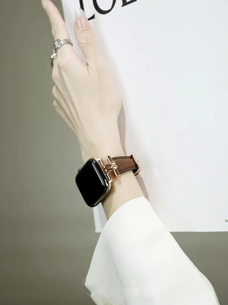 Double Curved Metal Buckle Leather Band for Apple Watch