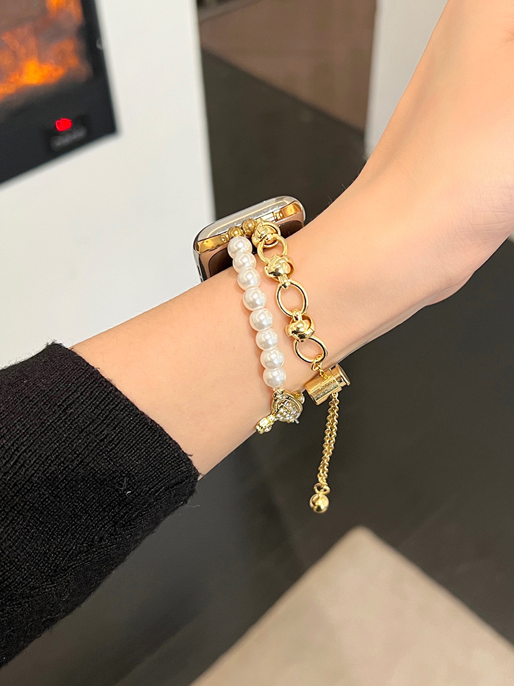 Saturn Buckle Double Chain Pearl and Stainless Steel Band