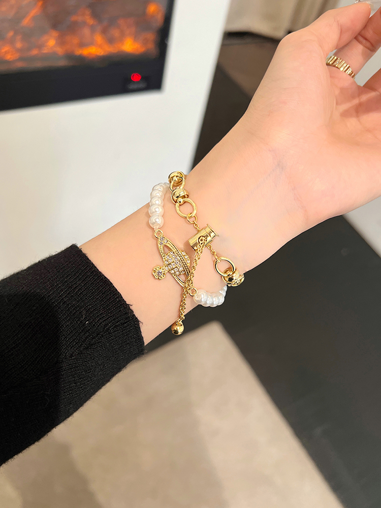 Saturn Buckle Double Chain Pearl and Stainless Steel Band