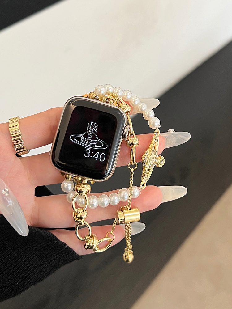Saturn Buckle Double Chain Pearl and Stainless Steel Band
