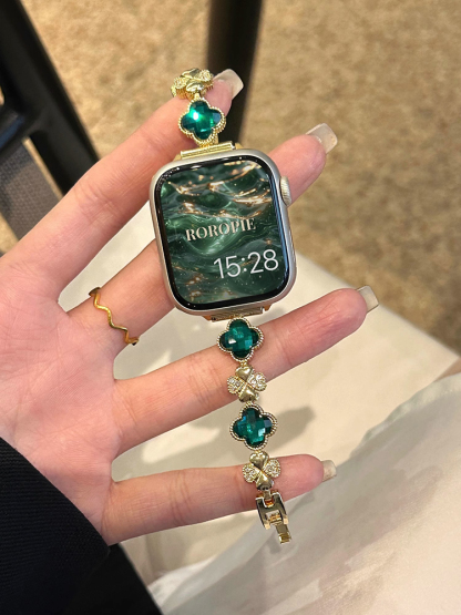 Rhinestone and Zircon Four-leaf Clover Stainless Steel Band