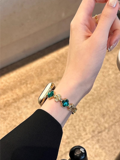 Rhinestone and Zircon Four-leaf Clover Stainless Steel Band