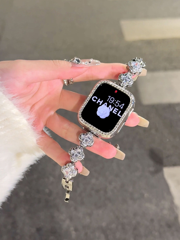 Full Diamond Zircon Four Leaf Clover Stainless Steel Band