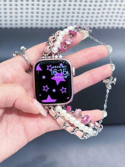 Three Chain Pearls with Leather Chain and Zircon Stainless Steel Band