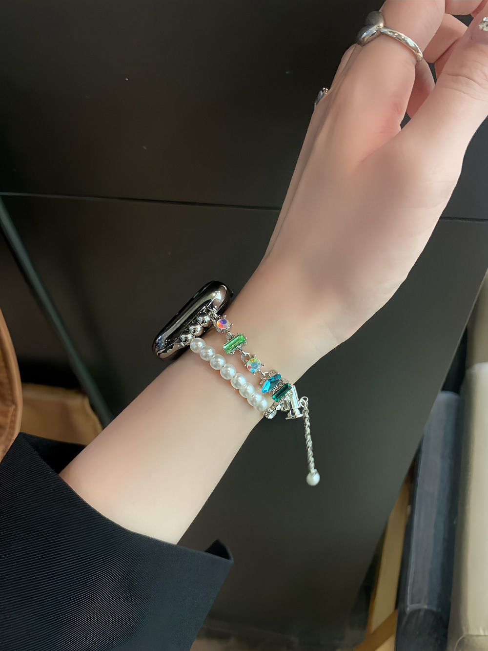 Double Chain Pearls with Mixed Zircon Stainless Steel Band