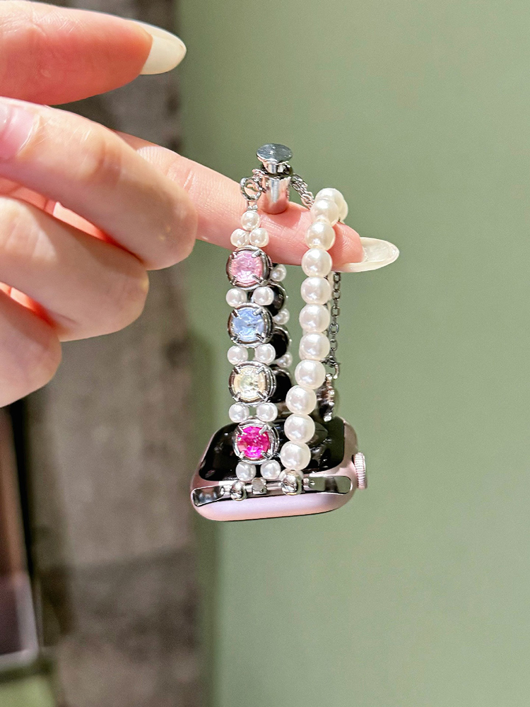 Double Chain Pearls with Colored Zircon Stainless Steel Band