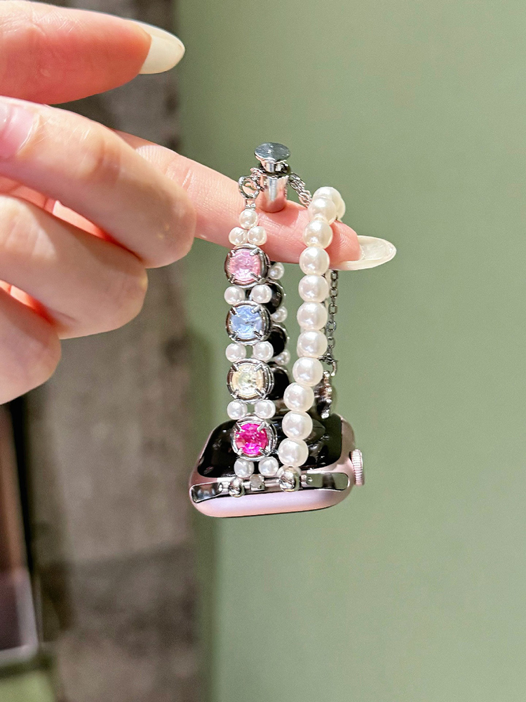 Double Chain Pearls with Colored Zircon Stainless Steel Band