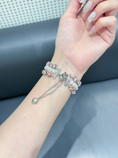 Three Chain Pearls with Leather Chain and Zircon Stainless Steel Band